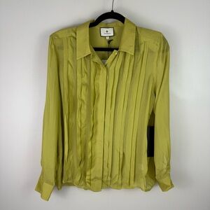 Tuckernuck Natalia Chartreuse Pleated Satin Blouse Small Green Long Sleeve Top